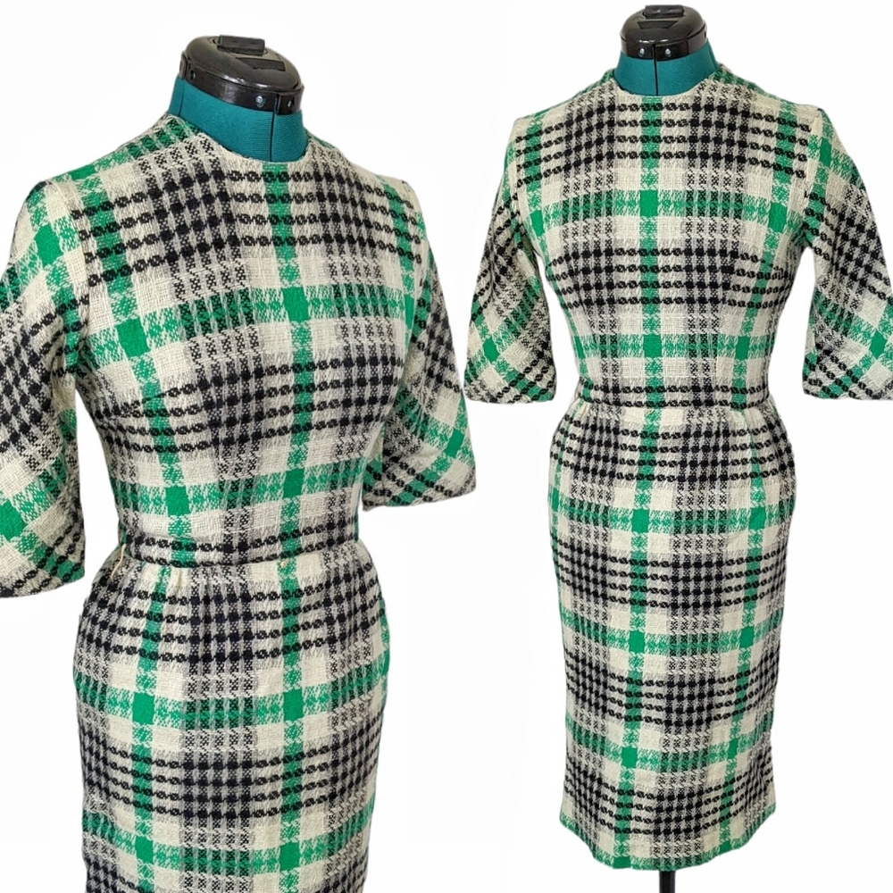 1950s/1960s Cocktail Wiggle Dress XS Vintage Petite Green Retro Tweed Wool - Picture 1 of 7